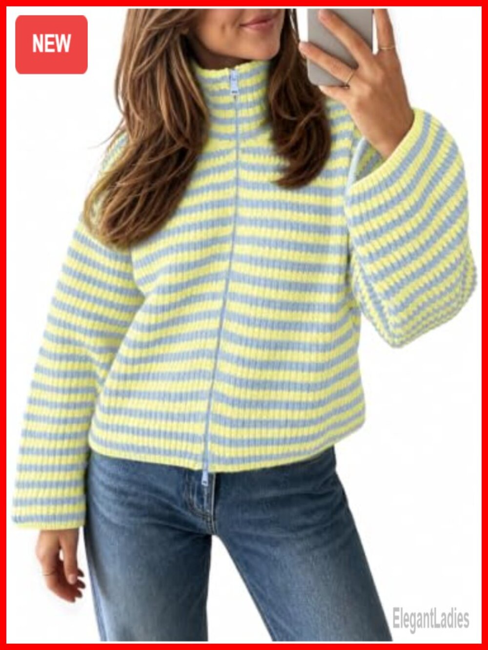 Striped Mock Neck Zip Up Cardigan Loose Fit Knit Sweater Fall Trendy
